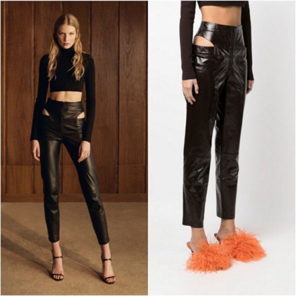 ZEYNEP ARCAY Lamb Leather Pants Hip Cut Out Zip Front High Waist Ankle Crop‎ 8/M